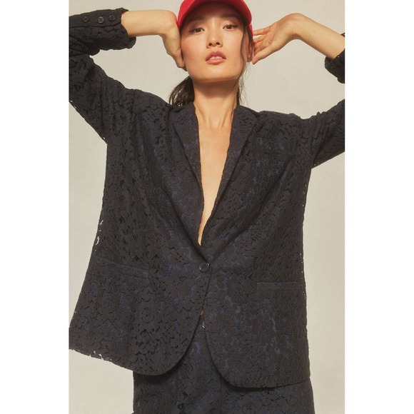 COREY LYNN CALTER for ANTHROPOLOGIE Lace‎ Adorned Blazer Navy Blue XL NEW